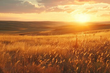 Golden sunset over a peaceful prairie with wild grasses swaying in the breeze nature landscape - obrazy, fototapety, plakaty