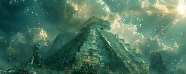 Mayan Civilization with advanced astronomical technology predicting cosmic events in a galactic observatory - obrazy, fototapety, plakaty
