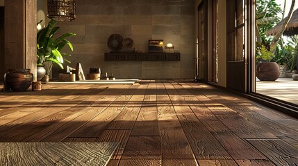 Interior adorned with a wooden texture floor, where organic patterns and earthy textures infuse the space with a sense of authenticity and tranquility, creating a harmonious retreat for relaxation