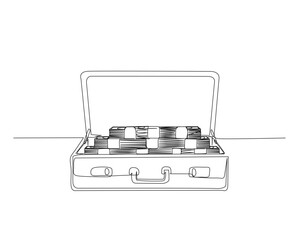 Continuous one line drawing of suitcase with full of money . A lot of money in the suitecase single outline vector illustration. Editable stroke.
