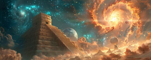 Mayan Civilization with advanced astronomical technology predicting cosmic events in a galactic observatory
