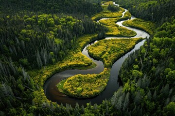  A winding river cutting through a dense forest aerial view nature landscape