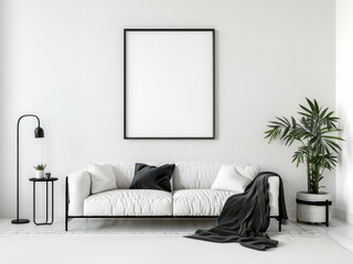 Mockup of blank frame in interior, modern black and white Scandinavian design of living room with minimalistic furniture, AI generated