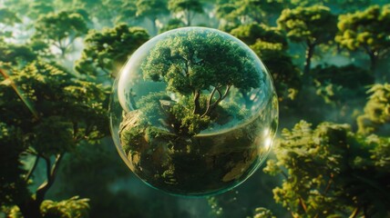 Mystical forest in a transparent bubble - A photorealistic image of a dense, green forest encapsulated in a perfectly clear bubble floating in a misty atmosphere