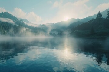 Fototapeta premium A secluded mountain lake at dawn with mist rising from the surface tranquil nature landscape