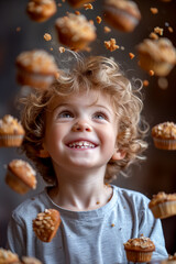 A beautiful child with a dreamy expression looks up at a shower of baked goodies