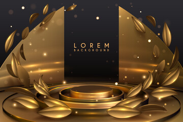 Golden podium with leafs and sparks background