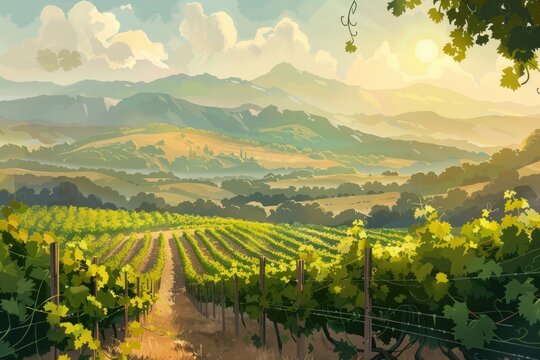 watercolor of A sun drenched vineyard with rolling hills and a distant mountain range picturesque nature landscape