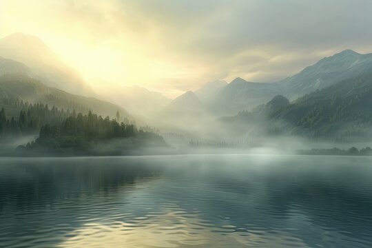 A secluded mountain lake at dawn with mist rising from the surface tranquil nature landscape