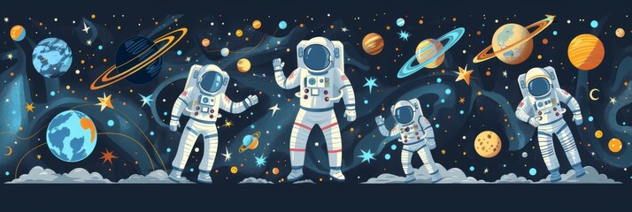 Space illustration with cartoon astronauts - A playful and detailed illustration of astronauts exploring space with whimsical planets and stars
