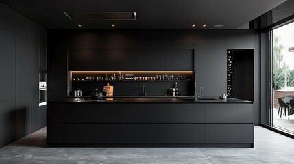 Contemporary charm of a minimalist black kitchen, where sleek black cabinetry and minimalist decor create a modern and inviting space for culinary delights - obrazy, fototapety, plakaty