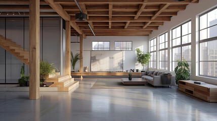A minimalist loft with high ceilings and exposed beams.