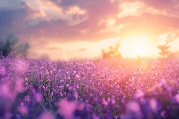 A field of lavender with a sunset backdrop creating a tranquil and aromatic nature landscape