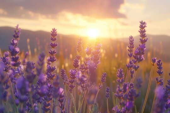A field of lavender with a sunset backdrop creating a tranquil and aromatic nature landscape