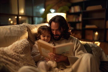 Jesus Christ reading a book to a child