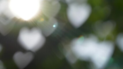 Abstract backdrop of heart-shaped bokeh lights, with a soft, romantic atmosphere suitable for themes of love and celebration.