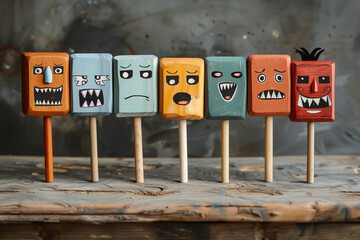 Set of wooden creatures screaming and smiling