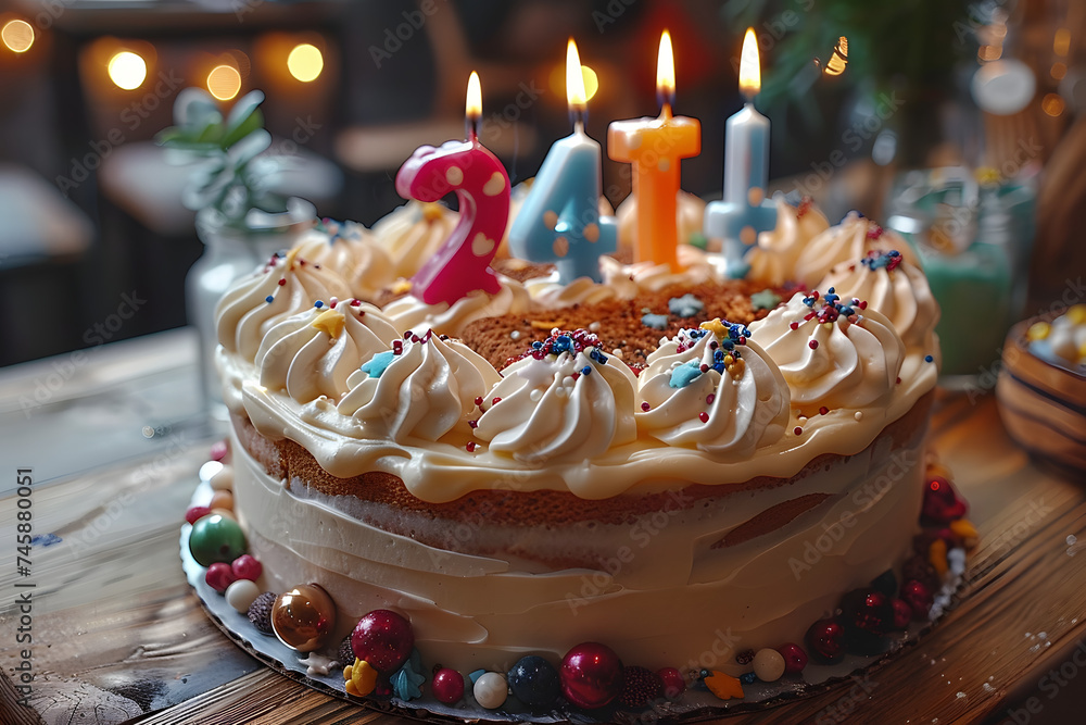 Poster beautiful birthday cake with candles