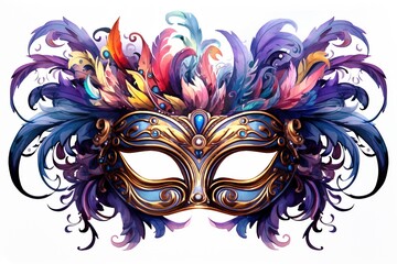 Ornate and elegant Venetian mask with intricate designs, vibrant colors, and delicate feathers isolated on a white background