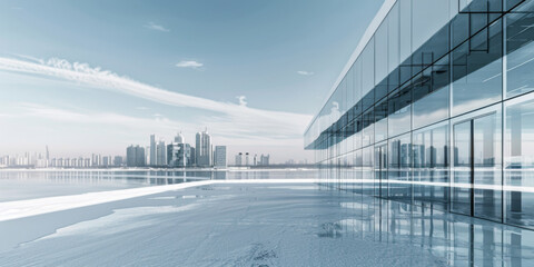 An office building with the side of a city skyline.