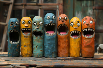 Set of wooden creatures screaming and smiling