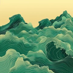 watercolor of  Stylized green waves in a Japanese ukiyo e art style tranquil and powerful.