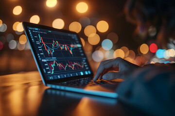 Laptop with human hands typing and stock market trading charts on the screen with night lights bokeh in the background - obrazy, fototapety, plakaty