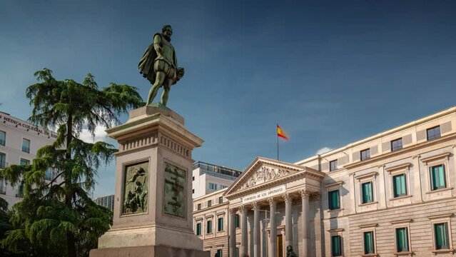 MADRID, SPAIN - FEBRUARY 19, 2024: Timelapse hyperlapse picturesque view of historical old city center, famous touristic landmark.