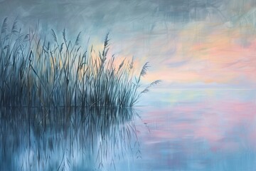 watercolor of A serene wetland at twilight with reflections of tall reeds and a pastel sky peaceful nature landscape - obrazy, fototapety, plakaty