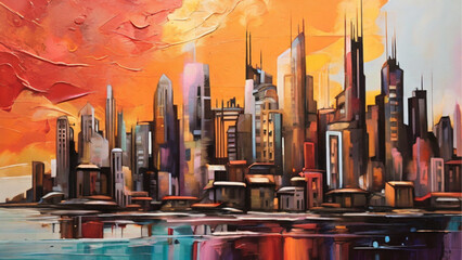 A close up of a colorful abstract painting of a city. Generative AI.