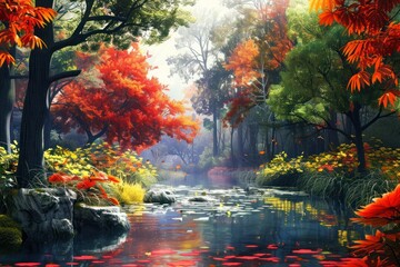 watercolor of A gentle stream meandering through a colorful autumn forest peaceful nature landscape