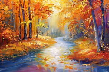 Obraz na płótnie Canvas watercolor of A gentle stream meandering through a colorful autumn forest peaceful nature landscape
