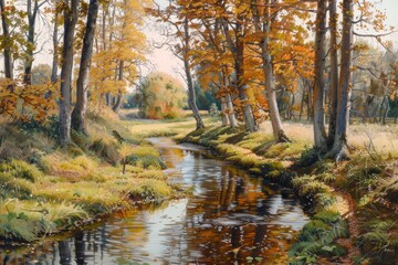 watercolor of A gentle stream meandering through a colorful autumn forest peaceful nature landscape