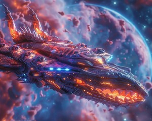 Vikings in space exploring new galaxies in dragon shaped starships a blend of old myths and future tech - obrazy, fototapety, plakaty