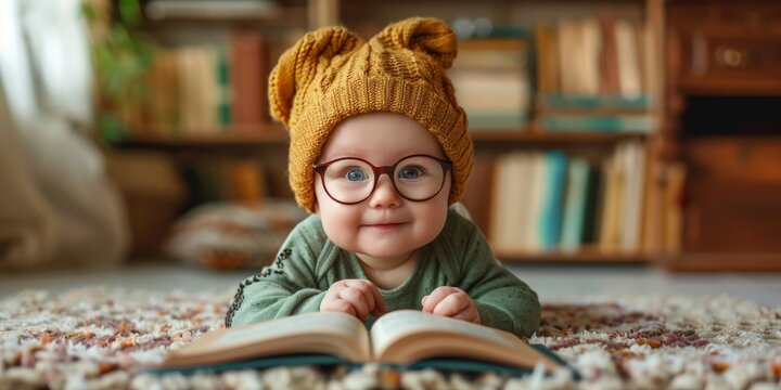 Early Reader: Adorable Baby with Book.
Charming baby in a knit hat reading a book, early education concept.