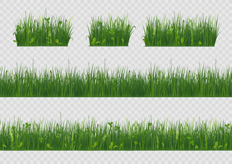 Spring grass. 3d field vegetation, fresh green line lawn meadow, park landscape farm bar or border for ecology banner. Realistic natural environment. Summer herbal plants. Vector isolated set