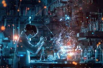 Researcher Conducting Advanced Experiments with Glowing Chemical Reactions in a Futuristic Lab