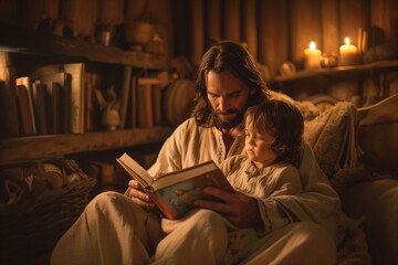 Jesus Christ reading a book to child - obrazy, fototapety, plakaty