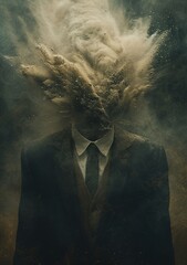 A surreal image showing a person in a suit with their head disintegrating in a cloud of particles