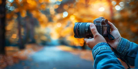 Poster Capturing Autumn: Photographer at Work. Person holding a camera capturing the fall scenery on a forest path. © AI Visual Vault