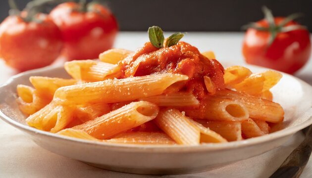 Penne pasta with tomato sauce. Close-up photo.
