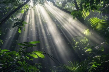 Rainforest canopy viewed from below with beams of sunlight piercing through the dense foliage highlighting the diverse ecosystem and vibrant life