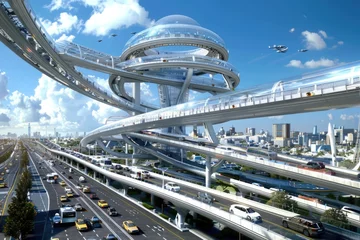 Glasschilderij Lichtgrijs Futuristic Elevated Transit System with Advanced Architecture in a Megacity