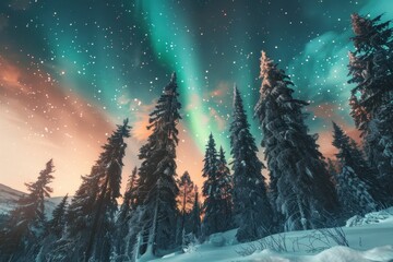 Spectacular display of the northern lights over a snowy pine forest with vivid colors dancing in the sky offering a once in a lifetime natural spectacle