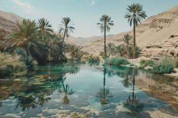 Fototapeta na wymiar Desert oasis scene with palm trees and a clear reflective water pool contrasting the surrounding arid landscape with a spot of verdant life