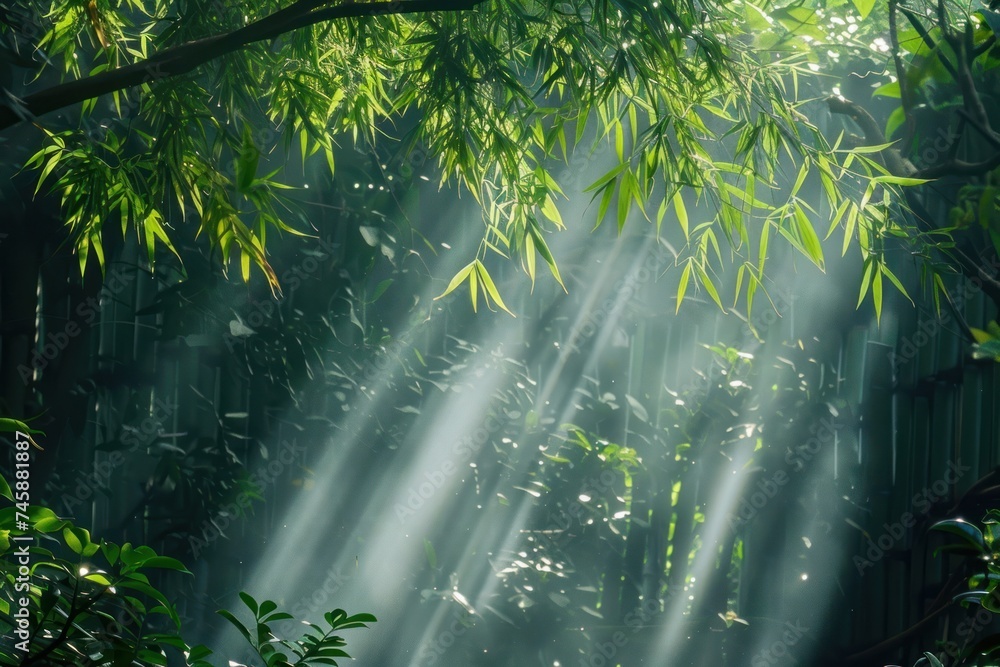 Poster a dense bamboo grove with sunlight piercing through the thick canopy casting shadows and creating a 