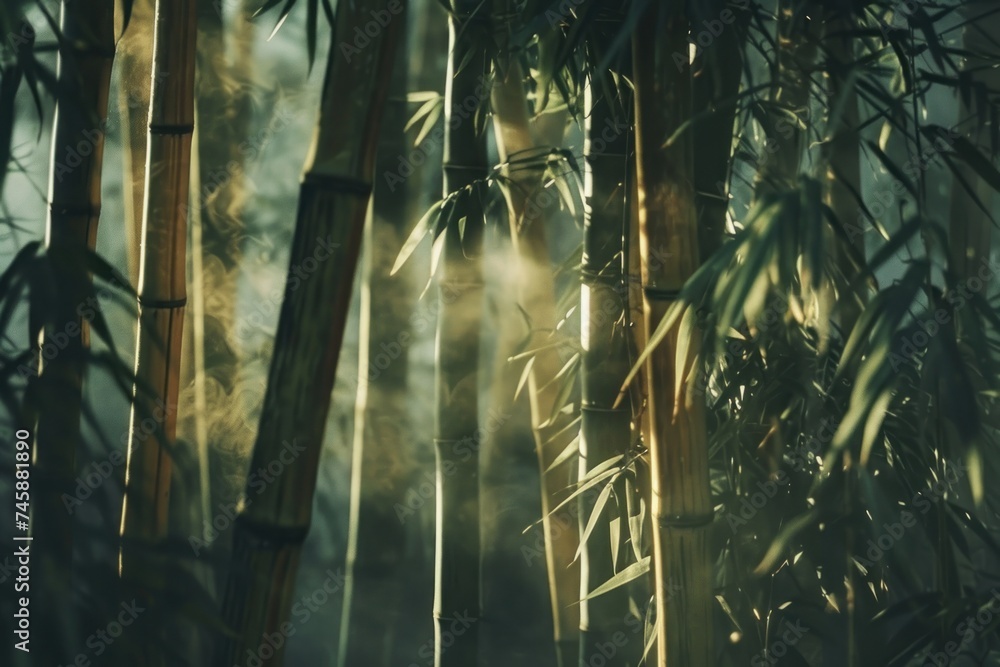 Poster a dense bamboo grove with sunlight piercing through the thick canopy casting shadows and creating a 