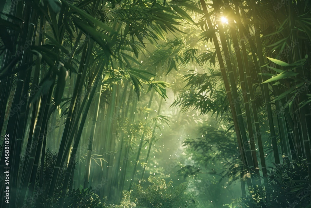 Poster a dense bamboo grove with sunlight piercing through the thick canopy casting shadows and creating a 