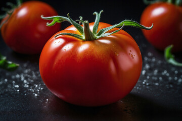 Tomato ai generated. Tomato on black background. Soft focus tomatoes on dark. Generative AI