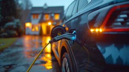Manually connecting electric vehicle charger cable to car - obrazy, fototapety, plakaty